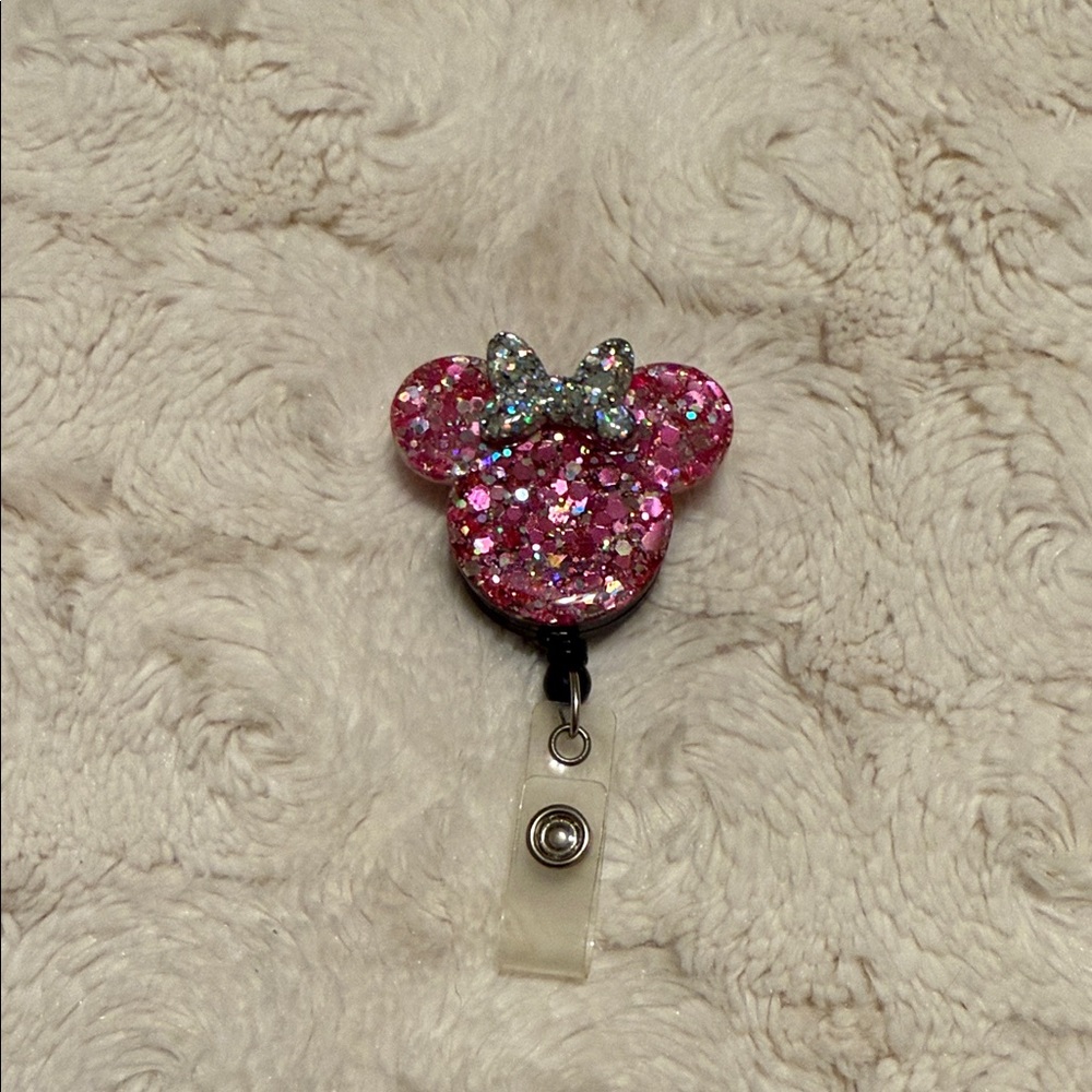 Glittery Pink Minnie Mouse Badge Reel